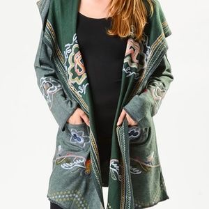 Ladies Open, shawl Collar, Embroidered, Hooded Cardigan